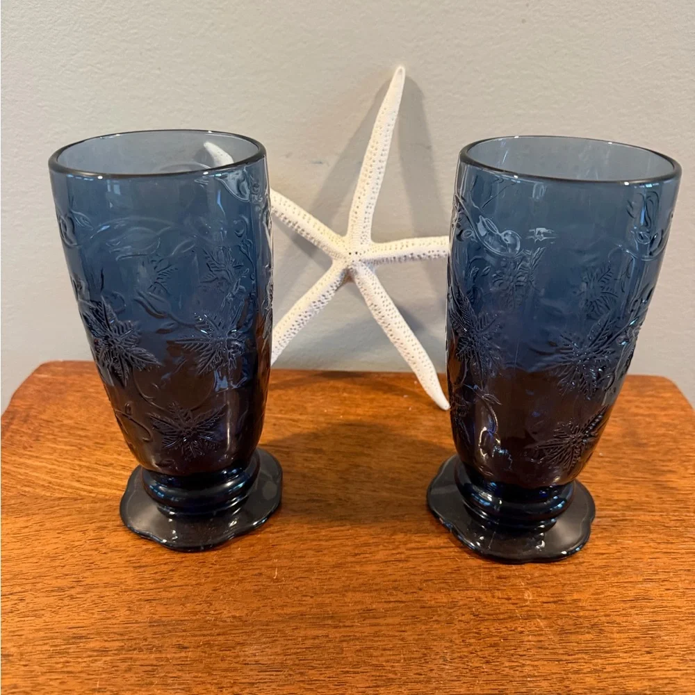 Princess House Fantasia Blue Footed Floral Glasses 2